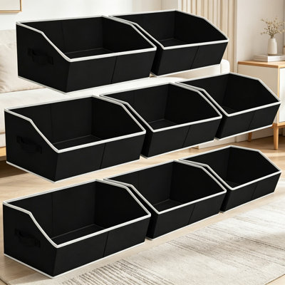 Closet Baskets for Shelves Trapezoid - Decorative Storage Bins with Handles, Shelf Bins for Clothes, Books, Home, Office Organization, Black, Large, 8 Pack