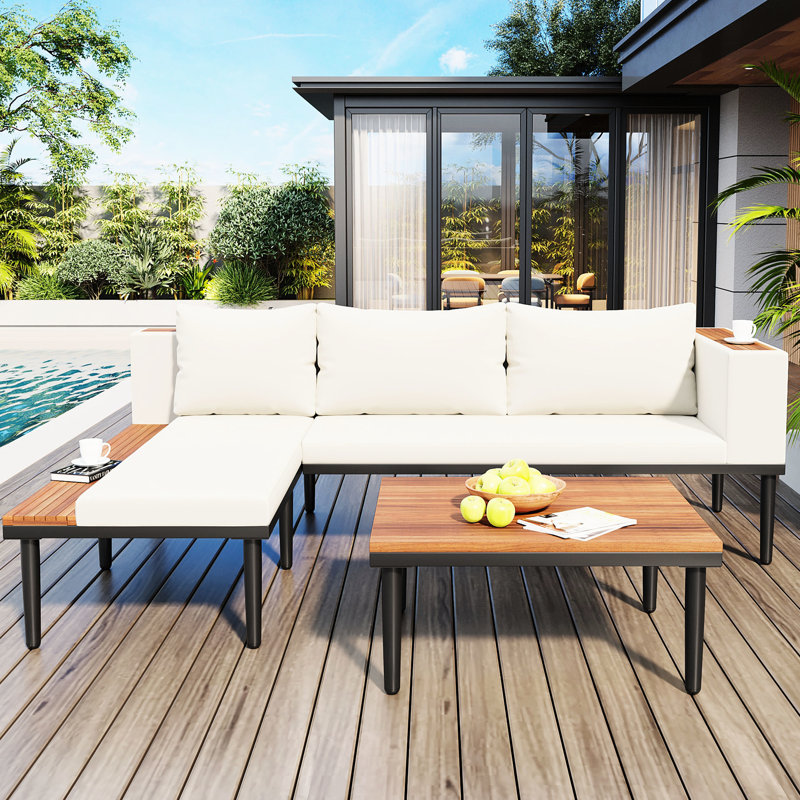 Beige, extérieur en forme de L, coussins amovibles, table basse, meubles de patio, bois, fer, confortable pour 6 sièges d'appoint élégants en forme de L,