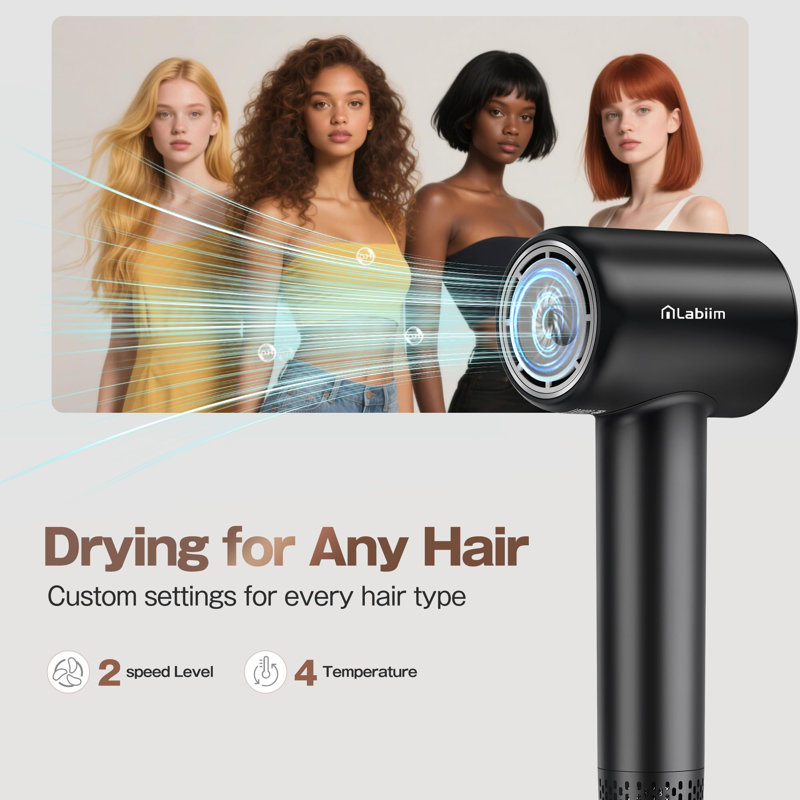 Fast Dry High Speed Ionic Hair Dryer - Thermo-Control Low Noise, Lightweight Portable with Magnetic Nozzle, Black