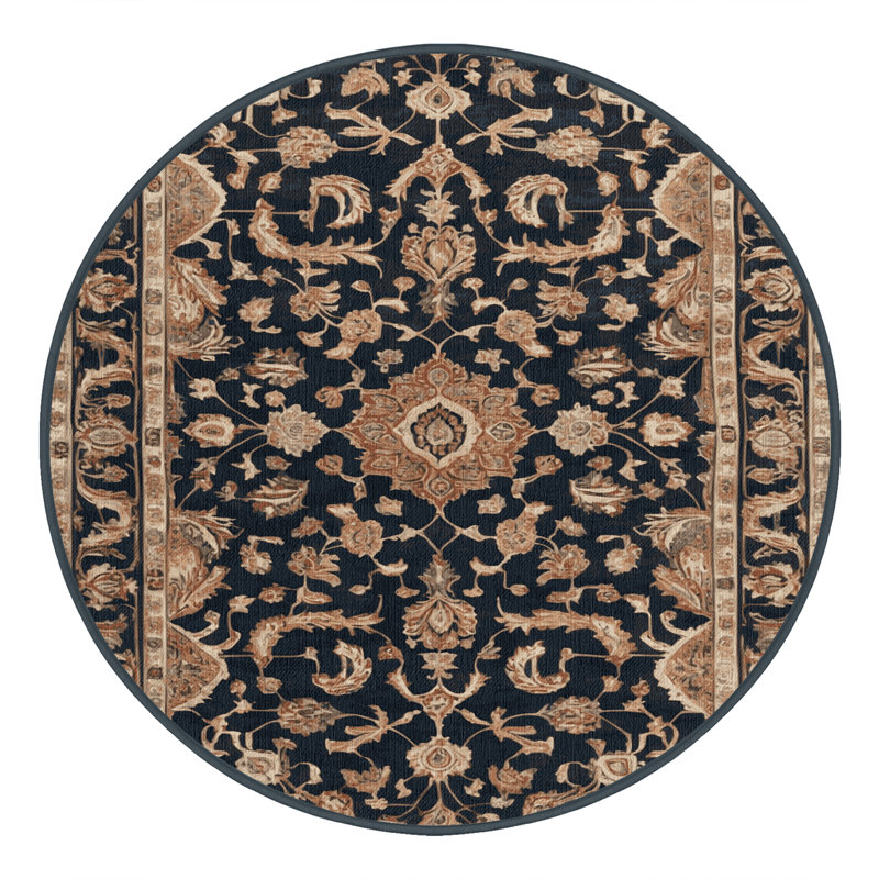 Tapis persan noir lavable à la machine, Rond 8 pi