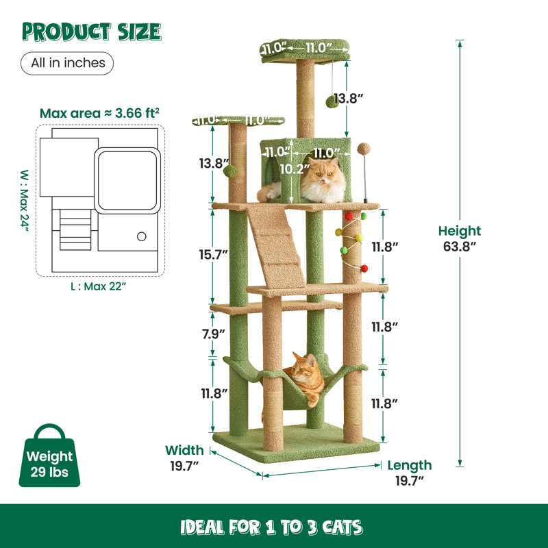 Amarina Cat Tree, Green, 63.8" H x 19.7" W x 19.7" D