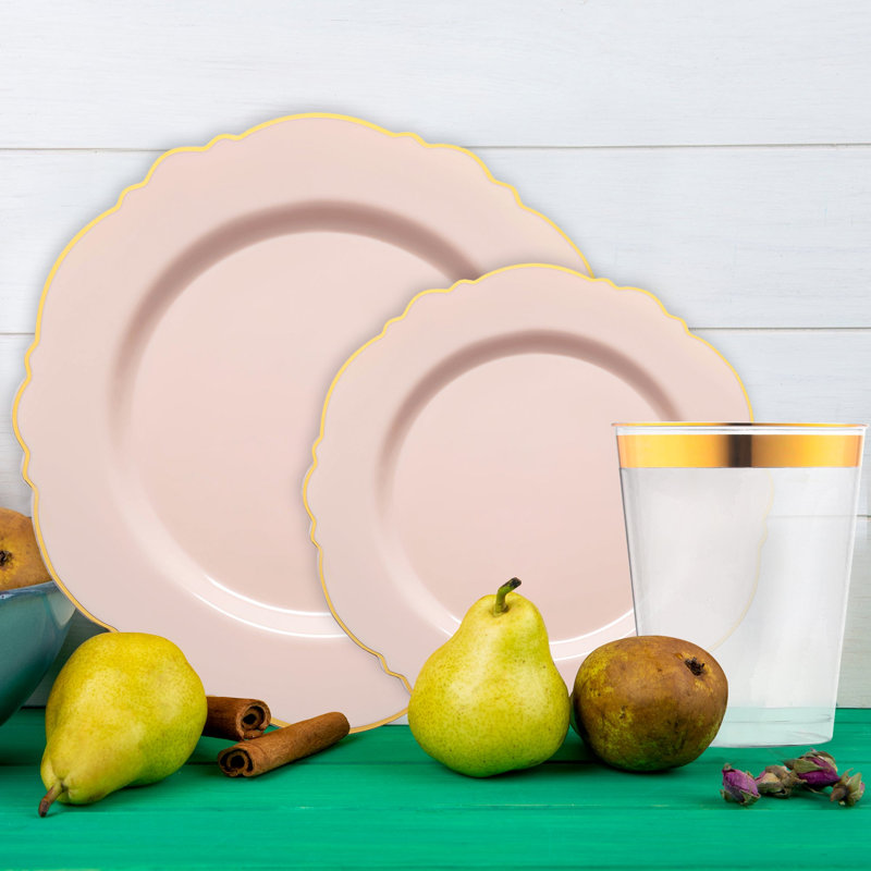 Pink with Gold Blossom Rim Disposable Plastic Tableware Set - 60 Settings