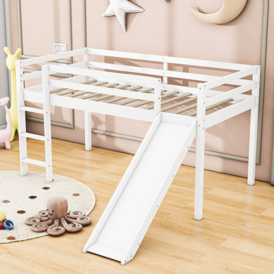 Twin Wood Loft Bed With Slide And Safety Guardrails