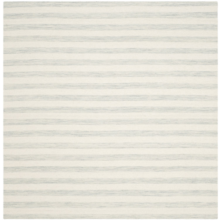 Waukena Hand Woven Flat Weave Wool/Cotton Striped Rug in Light Blue/Ivory