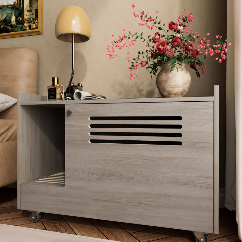 Gray Cat Litter Box Furniture With Top Fence, Can Serve As Coffee Table, Silent Wheels For Easy Movement, Ventilation Grille Odor Control, Built - In Mat A Cleaner Environment Modern Functioning Side