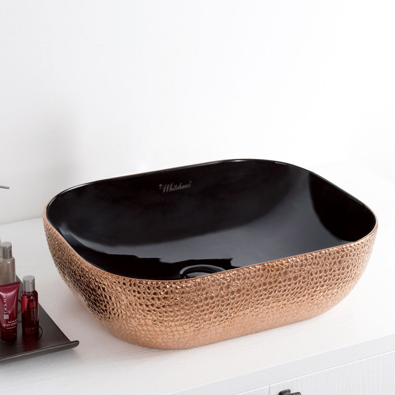 Whitehaus 20" Rectangular Above Mount /Vessel Lavatory Basin, Black/Rose Gold