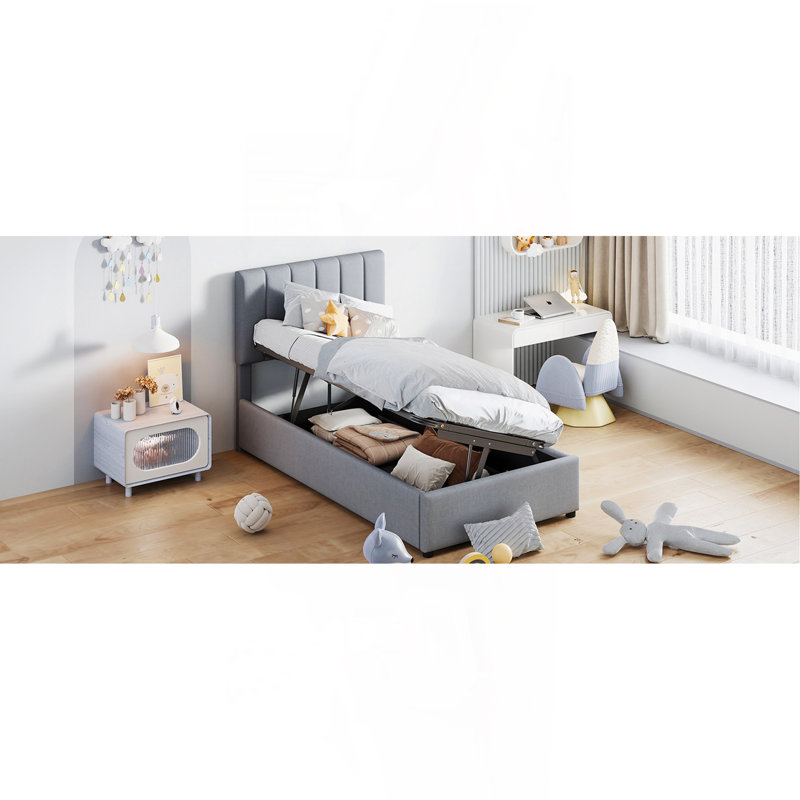 Lit plateforme simple tapissier avec système de rangement hydraulique, gris, Gris