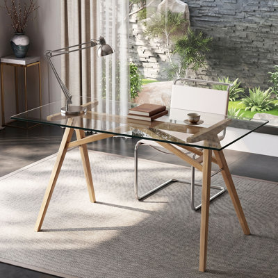 Bureau moderne en verre Corey 51 "x 28", bureau d'écriture rectangulaire avec pieds en bois massif, table de bureau minimaliste