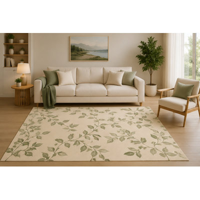 "Ultra Lightweight" 5'x7' Minimal Botanical Area Rug, Sage Green Leaf Vine Nature Design for Living Room Bedroom Dining Room, Non-Slip Silicone Backing, Low Pile Carpet
