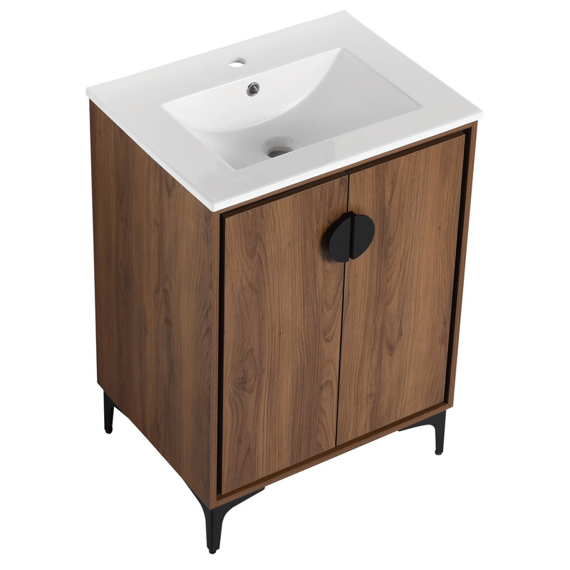 Meuble-lavabo de salle de bain avec lavabo supérieur, portes d'armoire modernes. Bois d'ingénierie, -, beaucoup d'espace. Facile à assembler. Brun, armoire design. Bois, rangement. Installez et nettoyez.