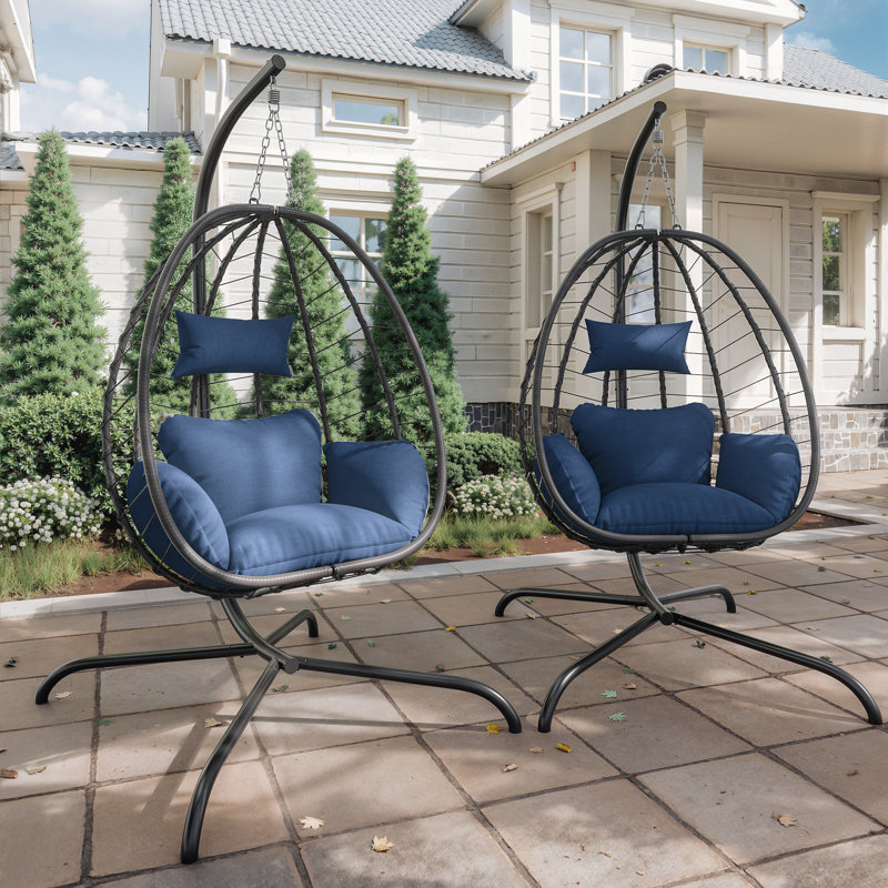 Ensemble de 2 chaises à œufs suspendues en rotin tissé avec structure en acier thermolaqué, Marine
