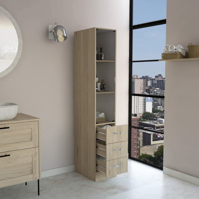 Linen Cabinet, Three Shelves, Four Drawers, Light Pine/White