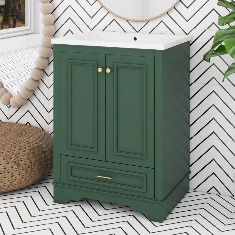 Meuble-lavabo 24 po avec lavabo, meuble-lavabo moderne en bois avec poignées argentées et 1 tiroir inférieur, Vert
