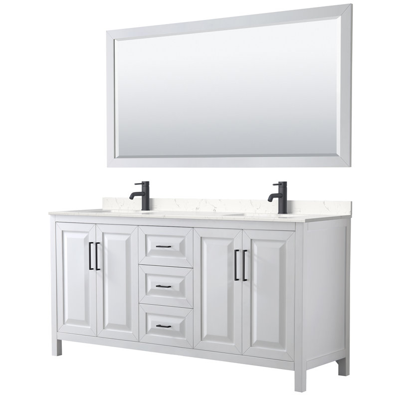Daria 72'' Double Bathroom Vanity with Carrara Marble Top, White, Carrara Cultured Marble, Brushed Gold