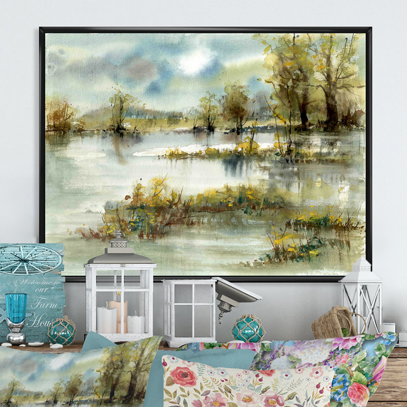 Paysage avec étang - reproduction d'art sur toile, H 16 po x l 32 po x P 1 po, Cadre flottant noir