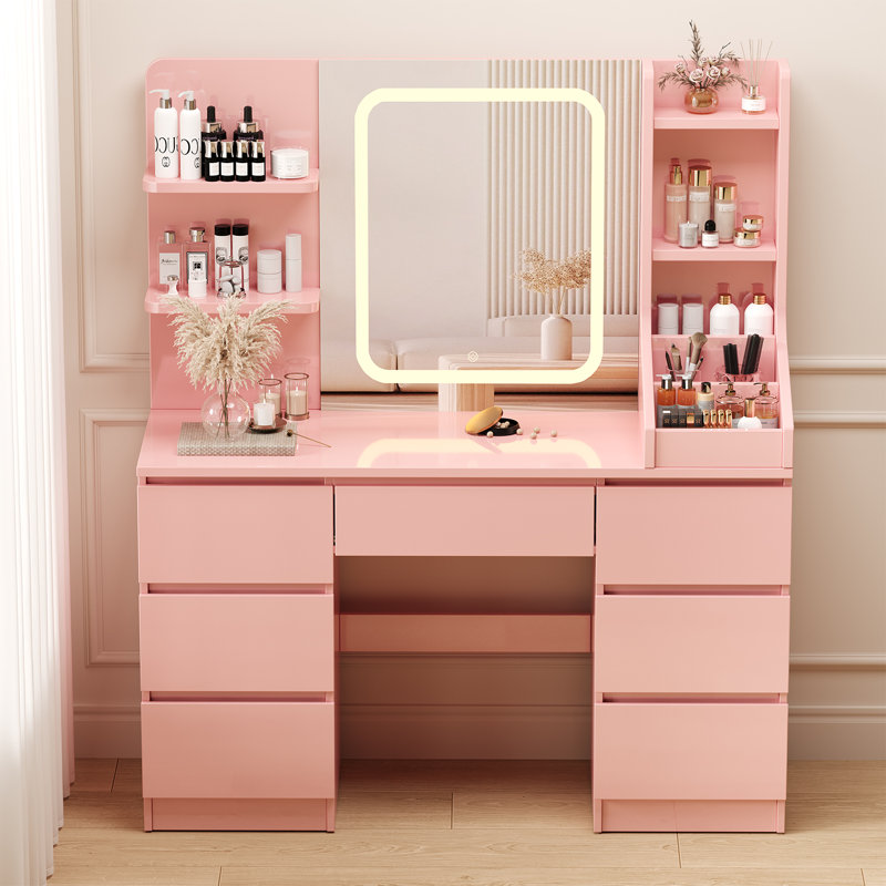 Rosse Dressing Table With 3 Colorful Light Mirror 7 Drawers and 7 Storage Shelves Makeup Desk 110cm Desktop Vanity Table