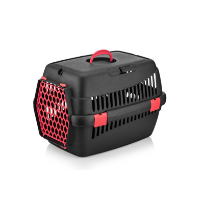 Boîte de transport durable pour animaux Jaccari, noire et rouge, 15,4 po x 21,7 po x 14,4 po | Fabrication 100% plastique, légère et robuste | Idéal pour les petits animaux de compagnie, conception facile à transporter pour le confort et la sécurité