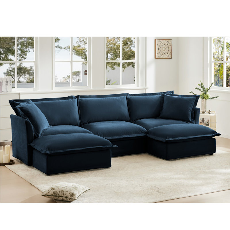 Canapé, repose-pieds en chenille, Bleu incorrect, H 34,6 po x l 120 po x P 55 po, 3