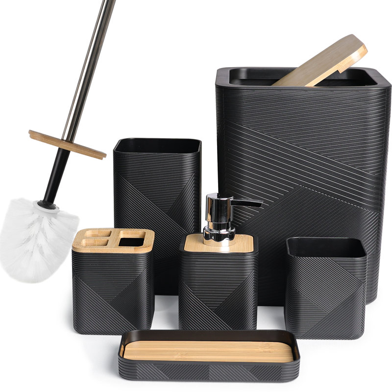 Bathroom Accessories Set 6 Piece Bamboo Bath Ensemble Includes Soap Dispenser, Toothbrush Holder, Toothbrush Cup, Soap Dish For Decorative Countertop And Housewarming Gift