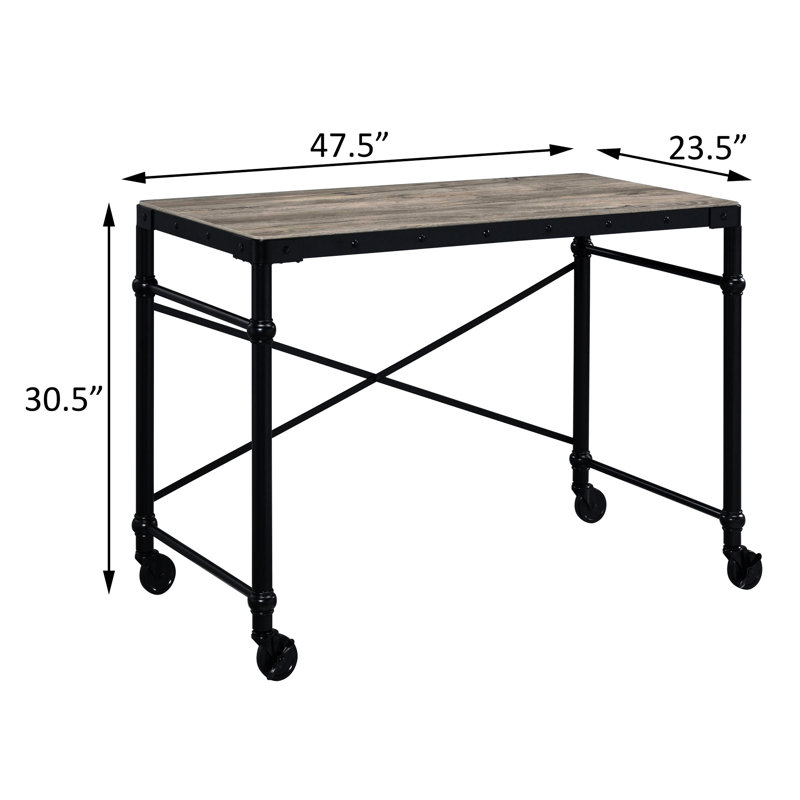 Bureau d'écriture rustique en chêne et noir avec roues ergonomiques pour roues de style industriel