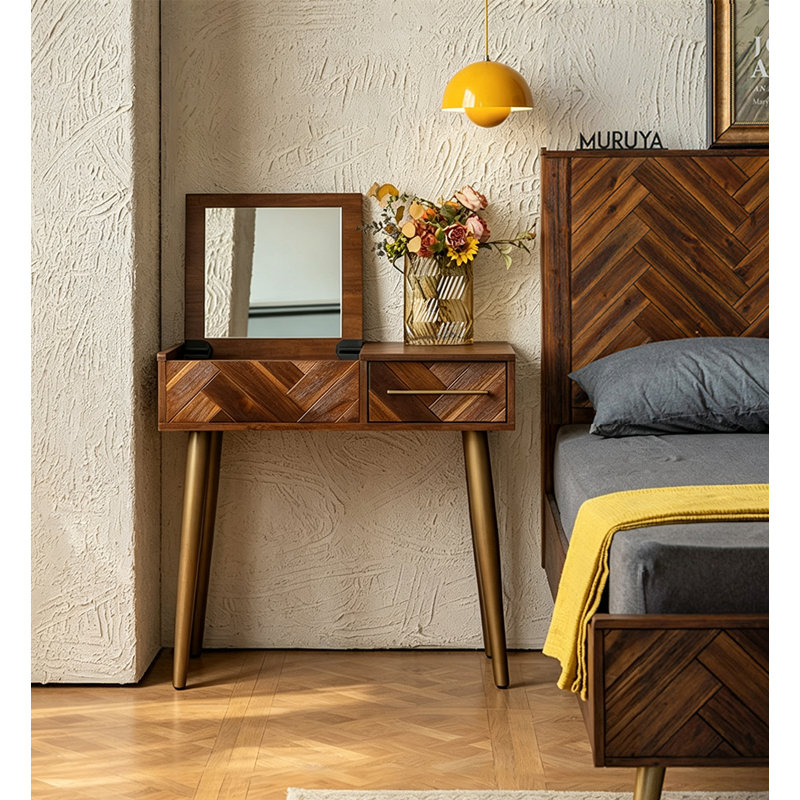 Table de coiffeuse rétro avec miroir rabattable et pieds en métal doré