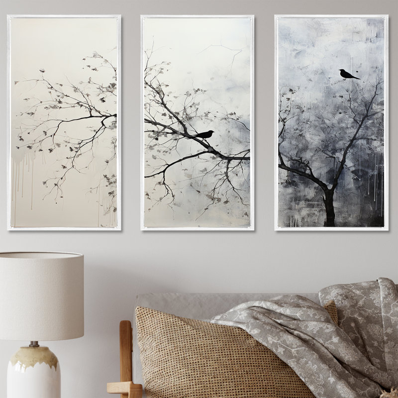 Minimalisme, oiseaux monochromes sur branche II - ensemble de décoration murale arbre, H 40 po x l 60 po x P 1 po