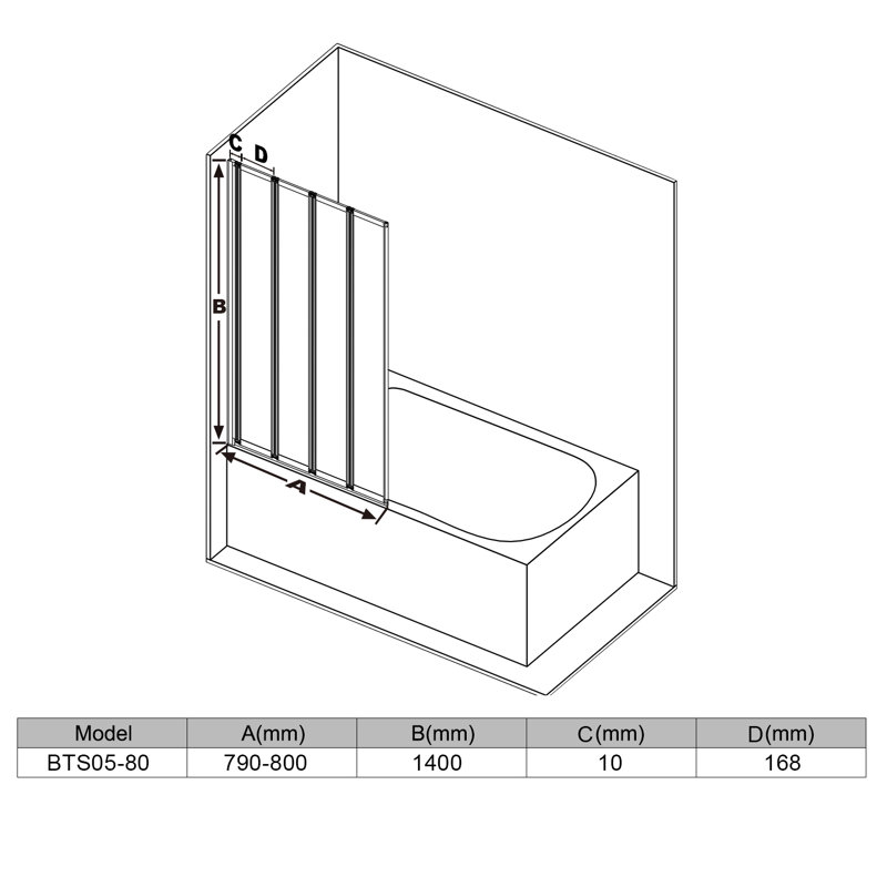 203.2mm W x 1400mm H Hinged Framed Tub Door with Clear Glass