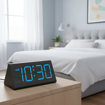 Blue Wooden Digital Alarm Clock, USB Port, Volume & Brightness Adjustable For Heavy Sleepers