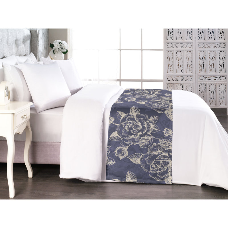 Foulard de lit Ambesonne Roses, fleurs sauvages rétro, beige et indigo foncé, Très grand lit