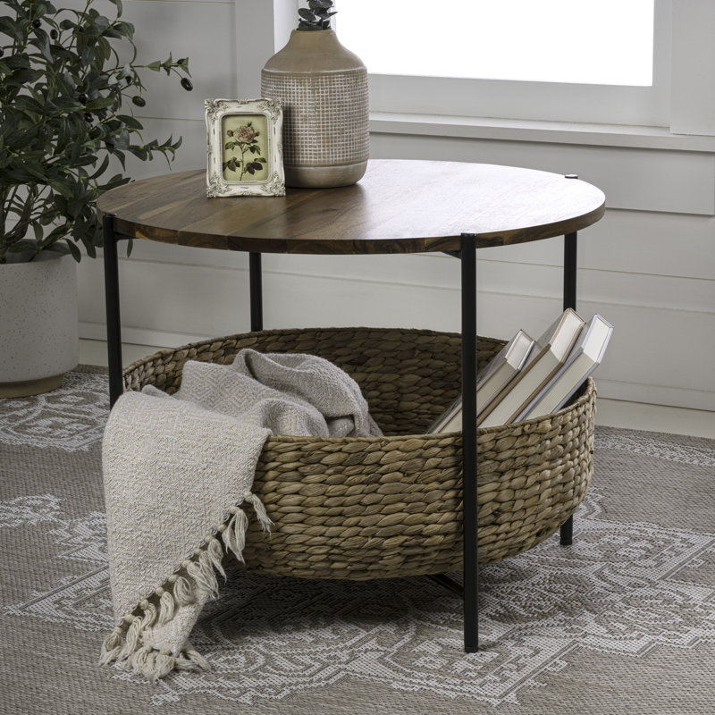 Carly 24.21" Modern Coastal Round Acacia Wood/Water Hyacinth Coffee Table with Storage Basket, Natural