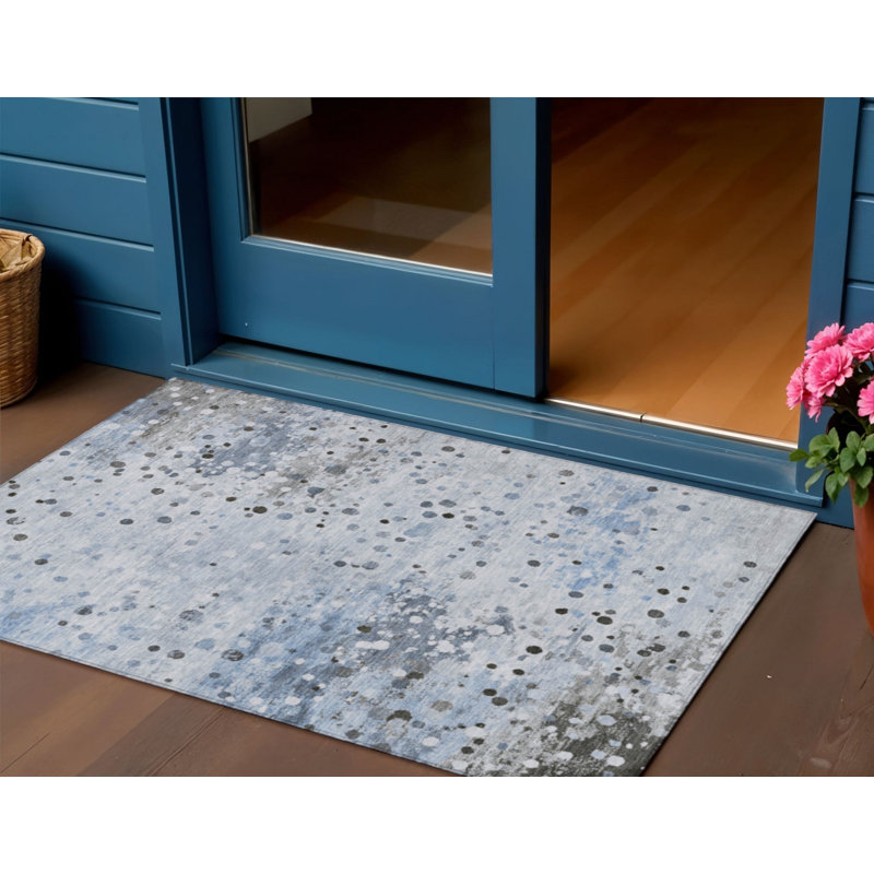 3' X 5' Sky Blue And Gray Abstract Washable Indoor Outdoor Area Rug