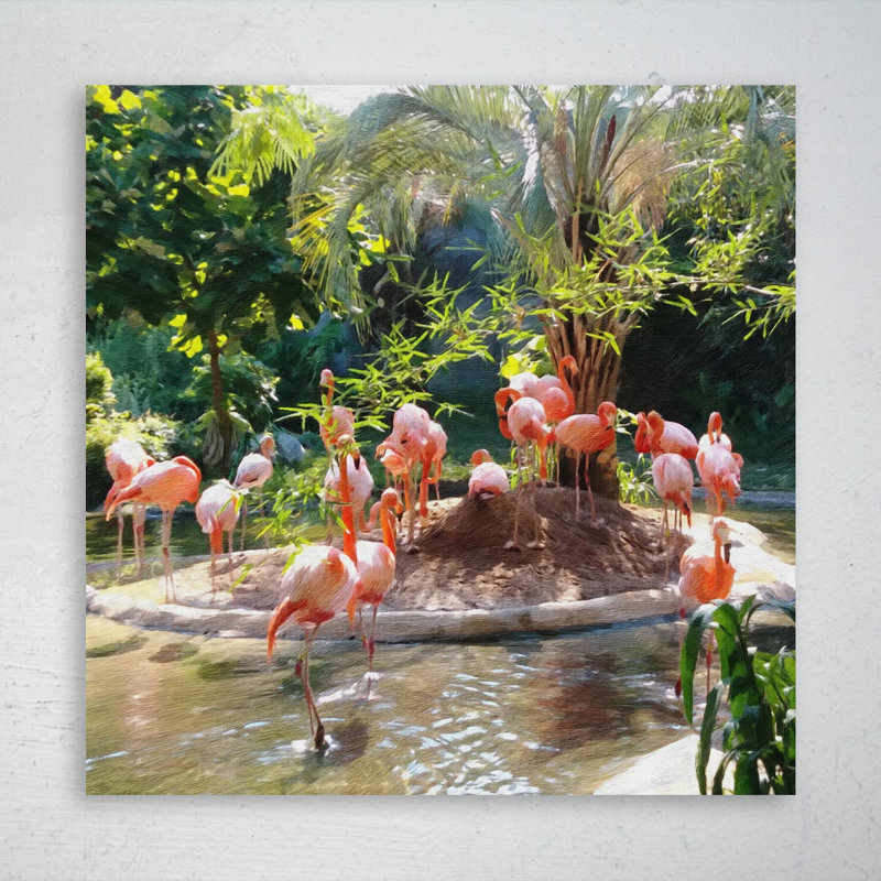 Flamant rose sur étang - peinture sur toile tendue, L 16 po x H 16 po