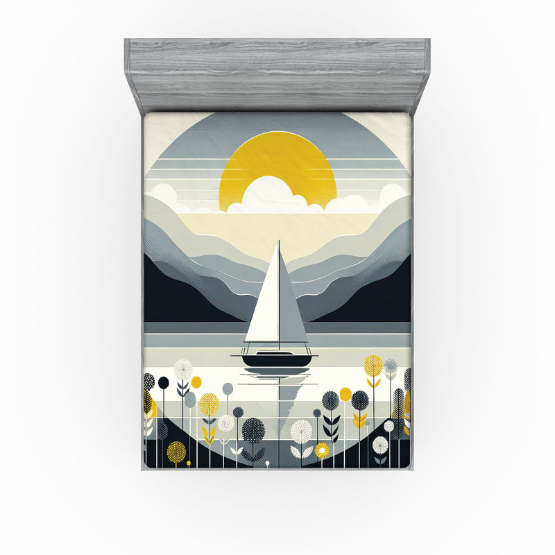 Drap-housse nautique Ambesonne_ Voilier scandinave mer_ bleu gris et jaune terre, Très grand californien