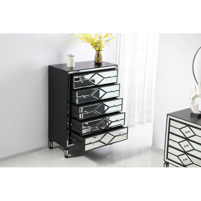 Bashaw 36" W 5-Drawer Mirrored Dresser, Black