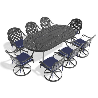 Ensemble de salle à manger 9 pièces en fonte d'aluminium toutes saisons, comprenant 8 chaises pivotantes et une table ovale avec cadre noir (même référence: W1710S00360, W1710S00470)