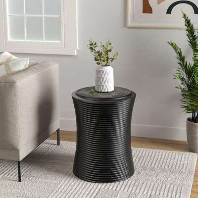 Table d'appoint d'extérieur ronde noire - Table d'appoint en béton léger Mgo avec finition en fausse ardoise naturelle, support à plante cylindrique pour jardin, terrasse et patio