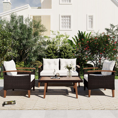 4-Piece Garden Furniture Patio Seating Set, PE Rattan Outdoor Sofa With Wood Table And Legs, Comfortable Cushions