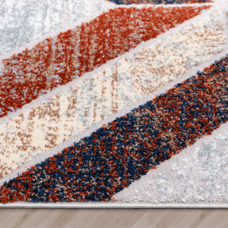 Geometric Blue and Orange Synthetic Area Rug, 5'3" x 7'3"