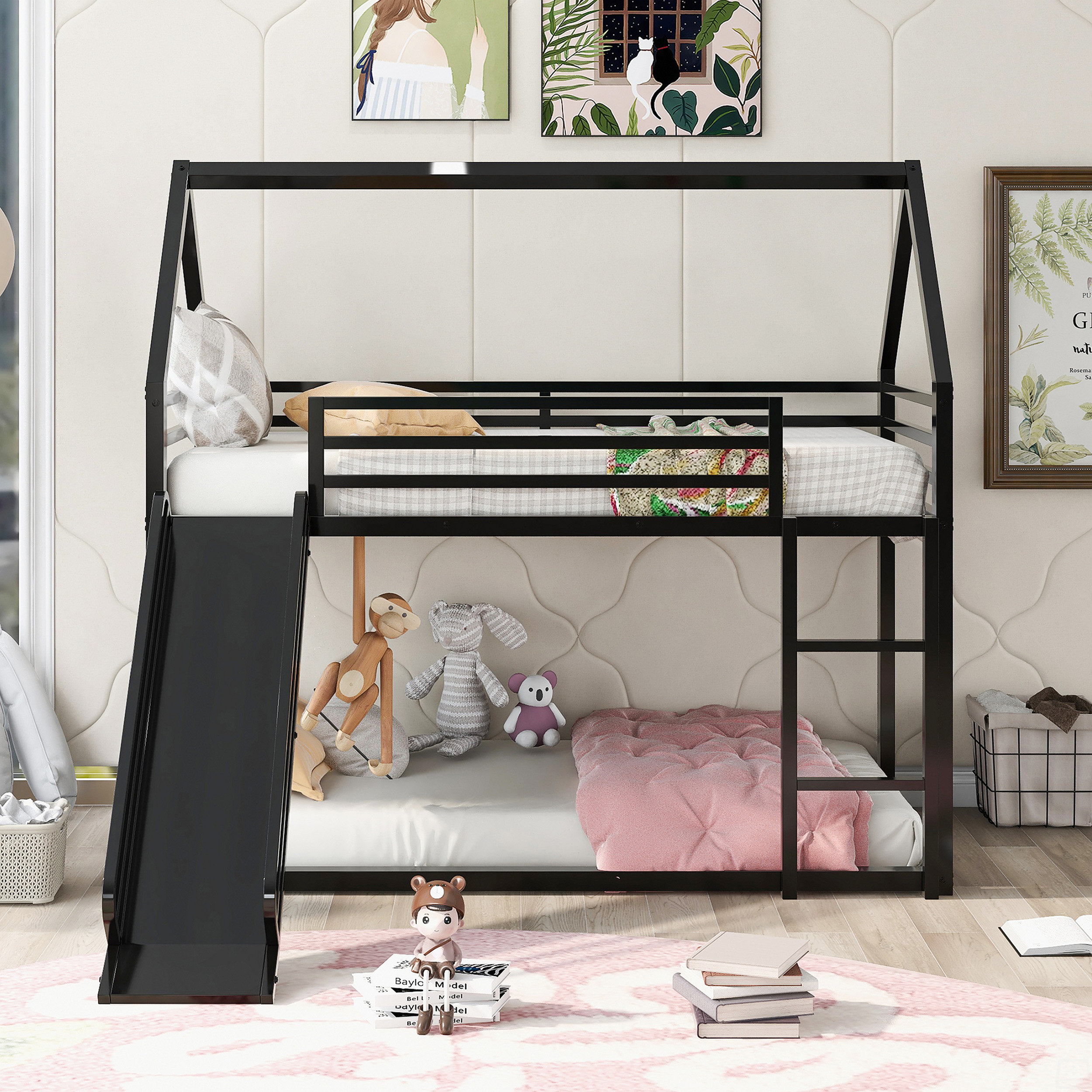 Harper Orchard Twin Over Twin House Bunk Bed With Ladder And Slide ...