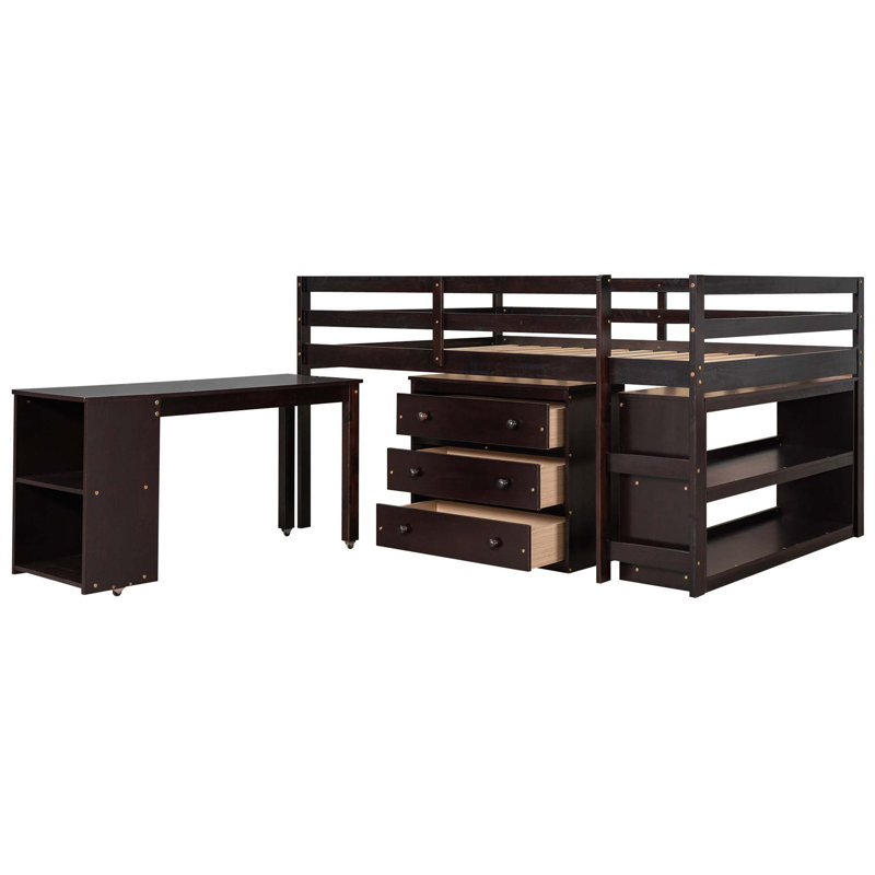 Low Study Loft Bed With Cabinet ,Shelves And Rolling Portable Desk ,Multiple Functions Bed, Espresso