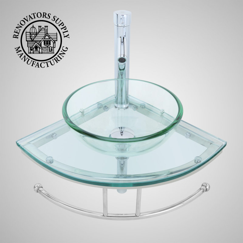 Lavabo d'angle mural rond en verre Talula de 25 po avec porte-serviettes, robinet et bonde.
