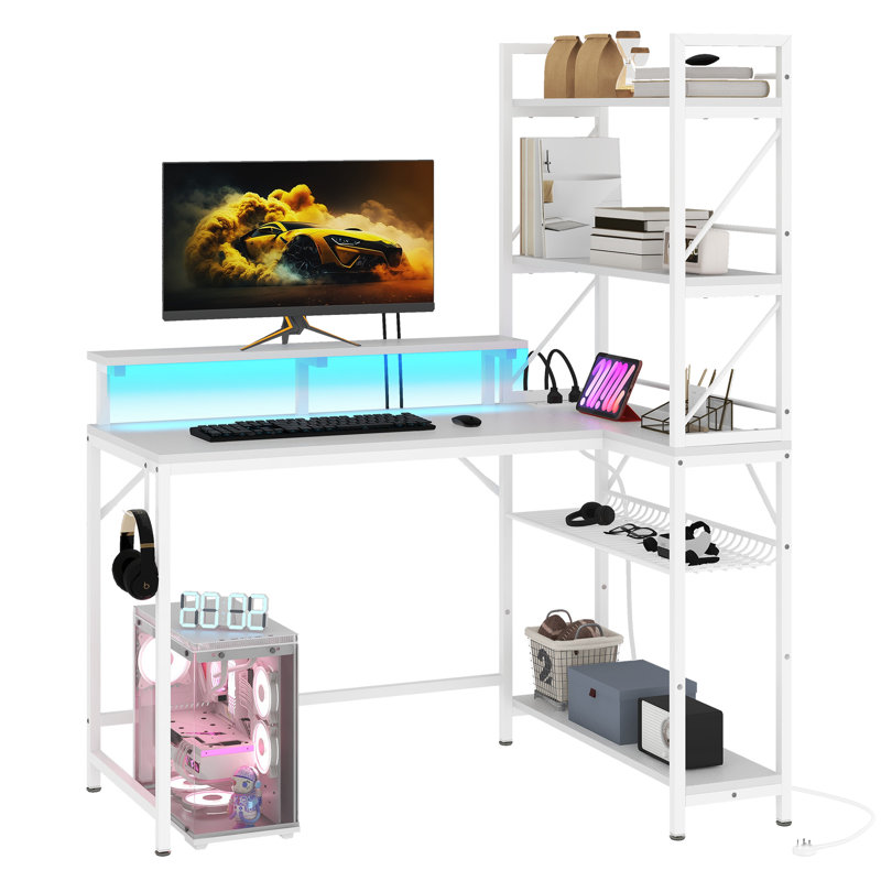 Darnecia L-Shaped Computer Desk with Power Outlet, White