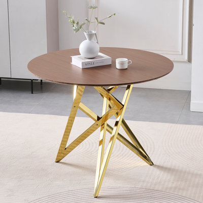 37Inch Round Dining Table, Small Round Kitchen Table With Golden Metal Legs, Suitable For 2 To 4 People, Modern Dining Room Table, Brown, Walnut Color.