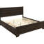 Lit King Size avec rangement et finition foncée, rainures noires naturelles, panneau encastré, style moderne et épuré, tiroirs latéraux, design minimaliste, profondeur visuelle, style organique