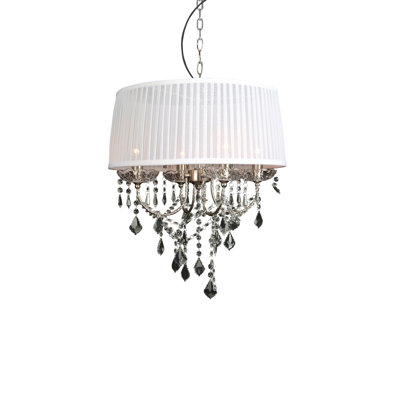 Lustre 4 lumières en chrome avec cristaux et abat-jour blanc