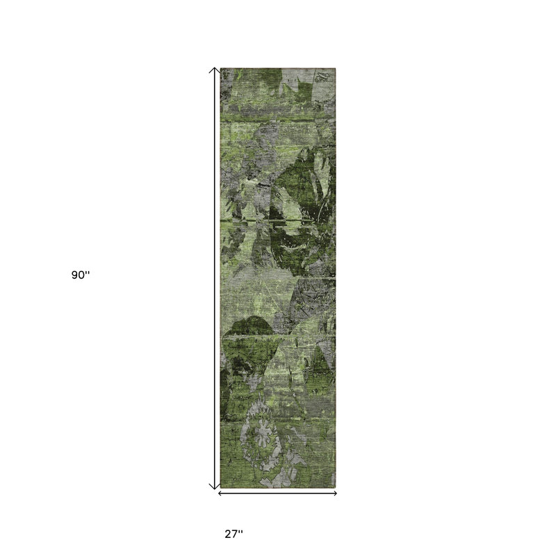 8' Runner Green and Gray Floral Washable Non Skid Indoor Outdoor Runner Rug