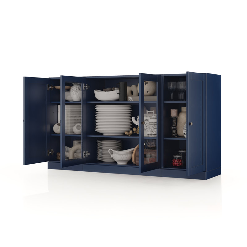 Buffet 100% bois massif 65 po avec verre transparent, portes Shaker et tablettes réglables, Navy Blue
