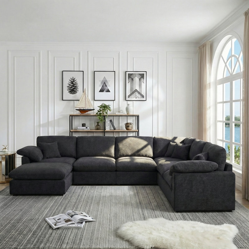 Canapé modulaire en chenille de 144 po de large et 144 places en U, Chenille grise foncée