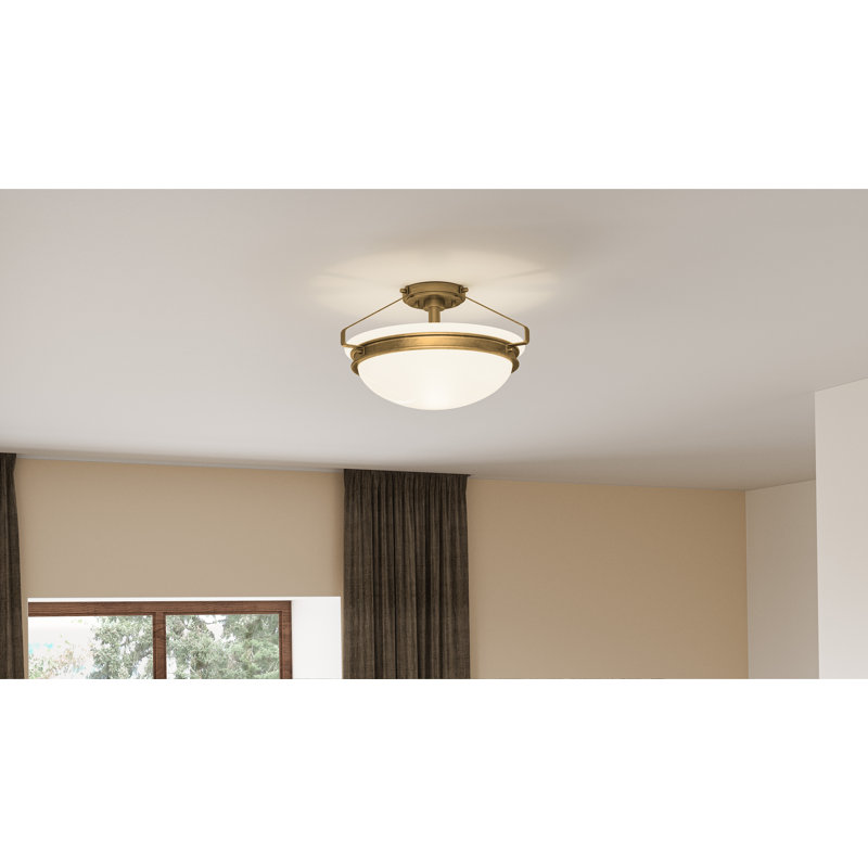 Plafonnier semi-encastré 2 lumières 15, Laiton vieilli, Opale