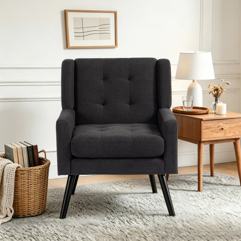 Fauteuil capitonné à dossier large rembourré, Lin noir